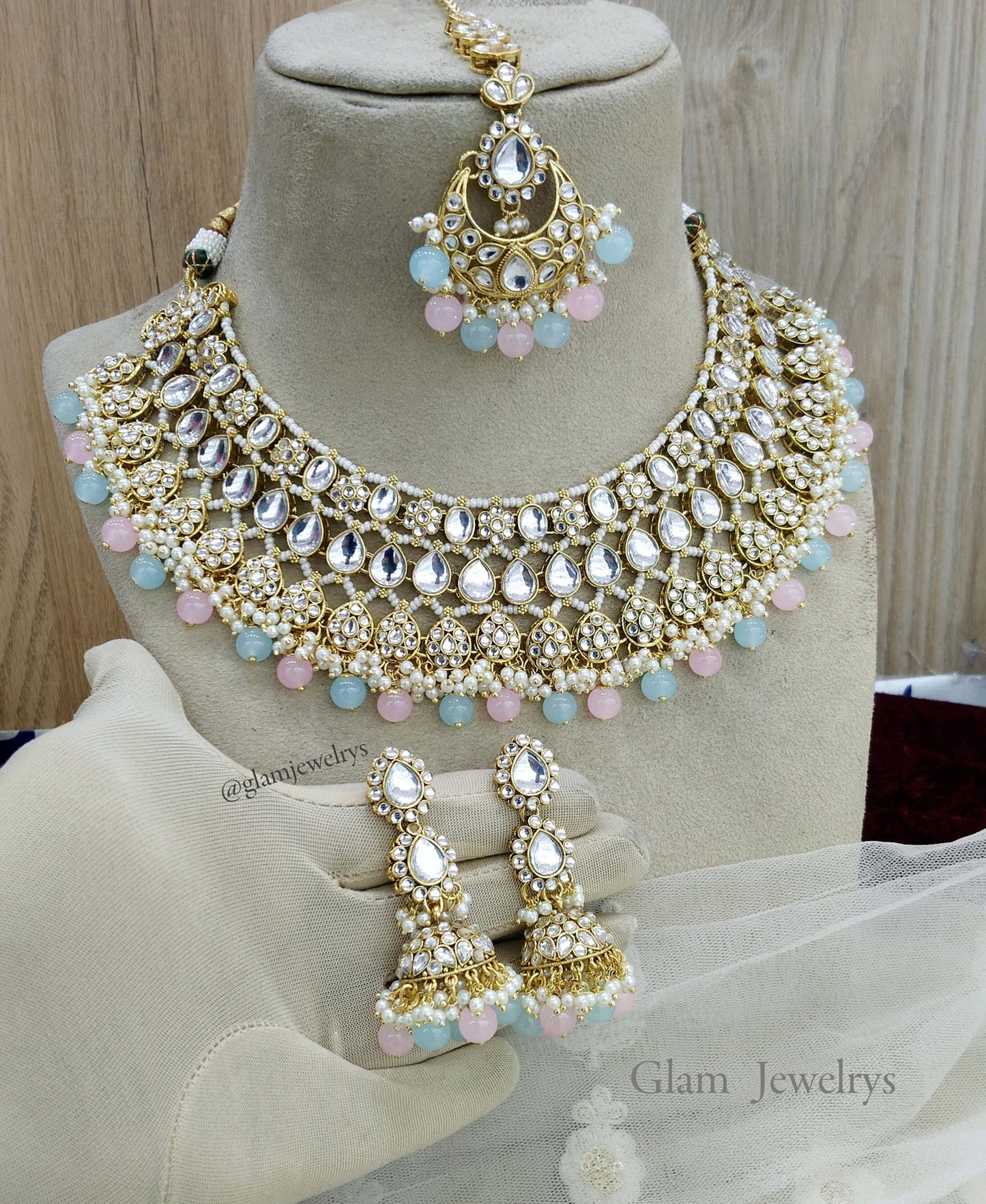 Indian Jewellery Sea Green Pink Kundan Necklace Jhumka Set/ kundan Choker riverhead Set