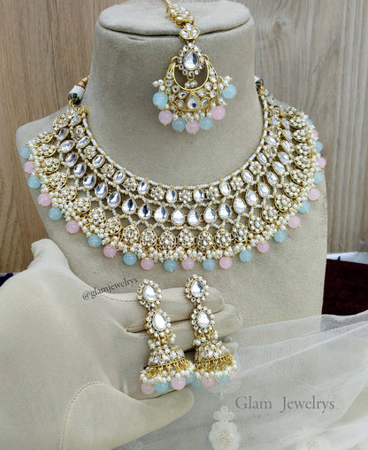 Indian Jewellery Sea Green Pink Kundan Necklace Jhumka Set/ kundan Choker riverhead Set