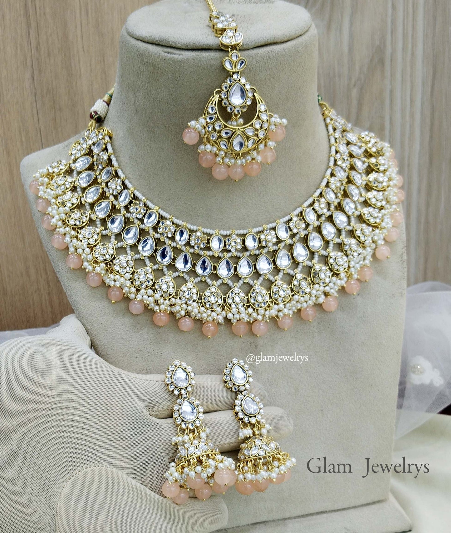 Indian Jewellery Peach Kundan Choker Set/ kundan choker riverhead Set