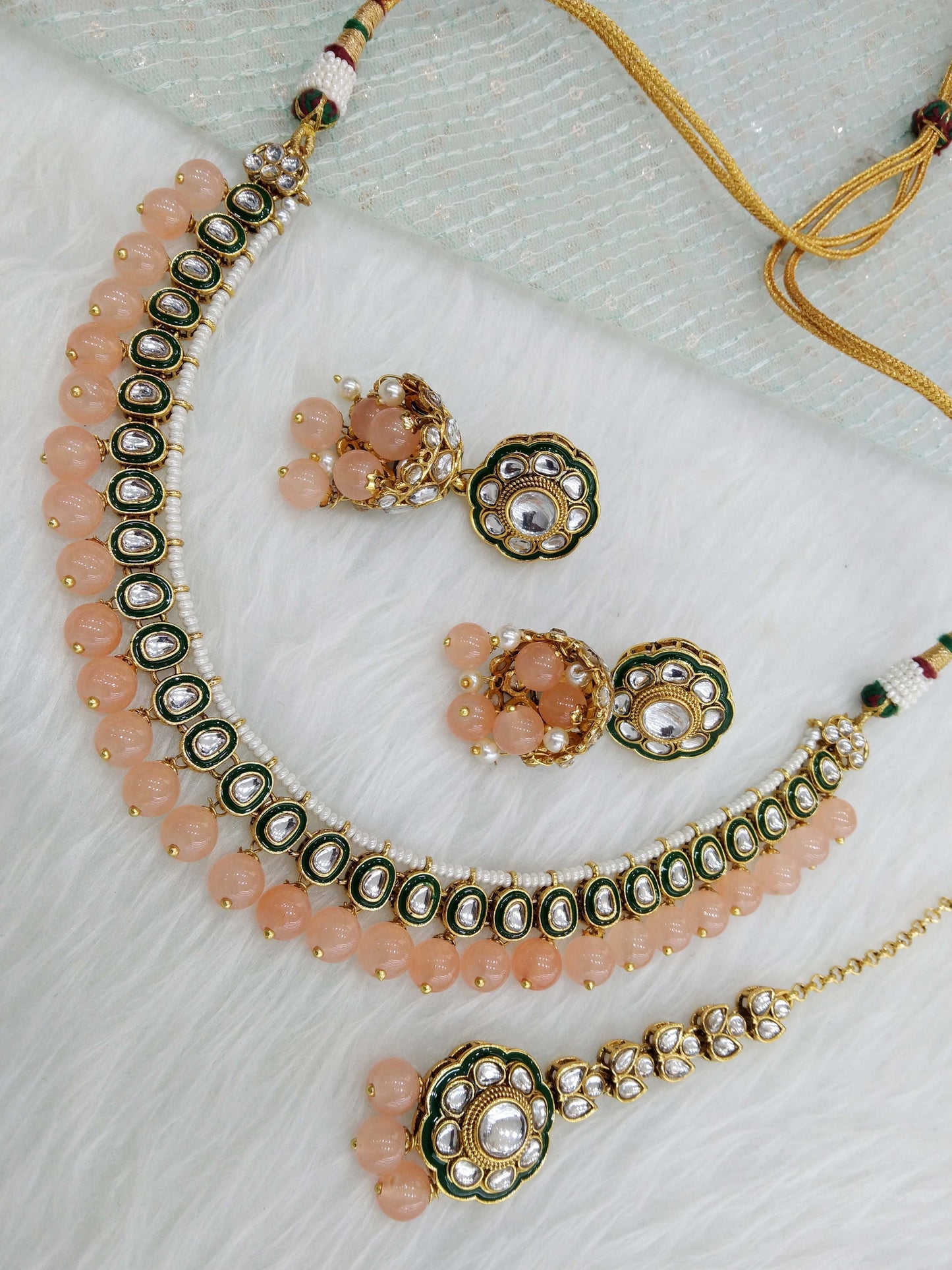 Indian  jewellery gold peach kundan Set/ kundan  holi Set