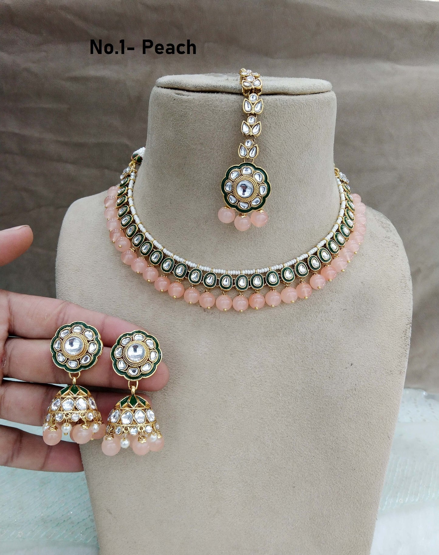 Indian  jewellery gold peach kundan Set/ kundan  holi Set