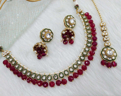 Indian  jewellery gold majenta kundan Set/ kundan  holi Set