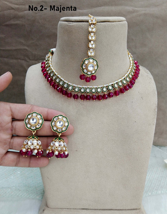 Indian  jewellery gold majenta kundan Set/ kundan  holi Set