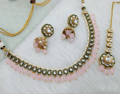 Indian   jewellery gold pink kundan necklace Set/ kundan  holi Set