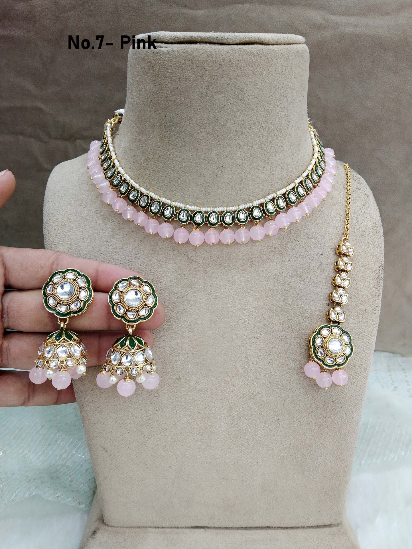 Indian   jewellery gold pink kundan necklace Set/ kundan  holi Set