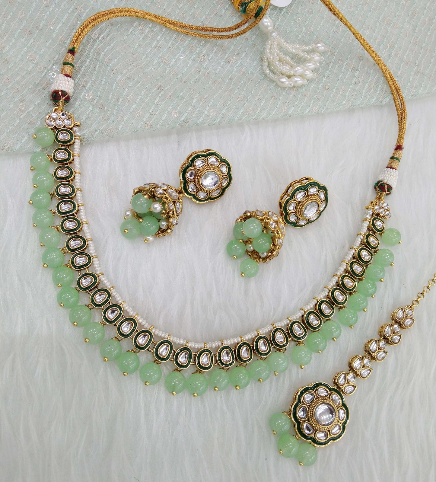 Indian  jewellery gold pastel green kundan necklace Set/ kundan  holi Set