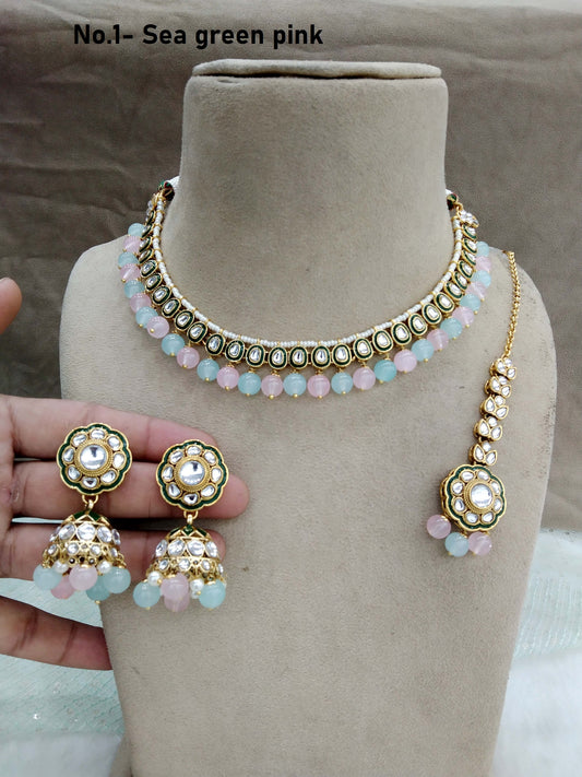 Indian  jewellery gold sea green pink kundan necklace Set/ kundan  holi Set