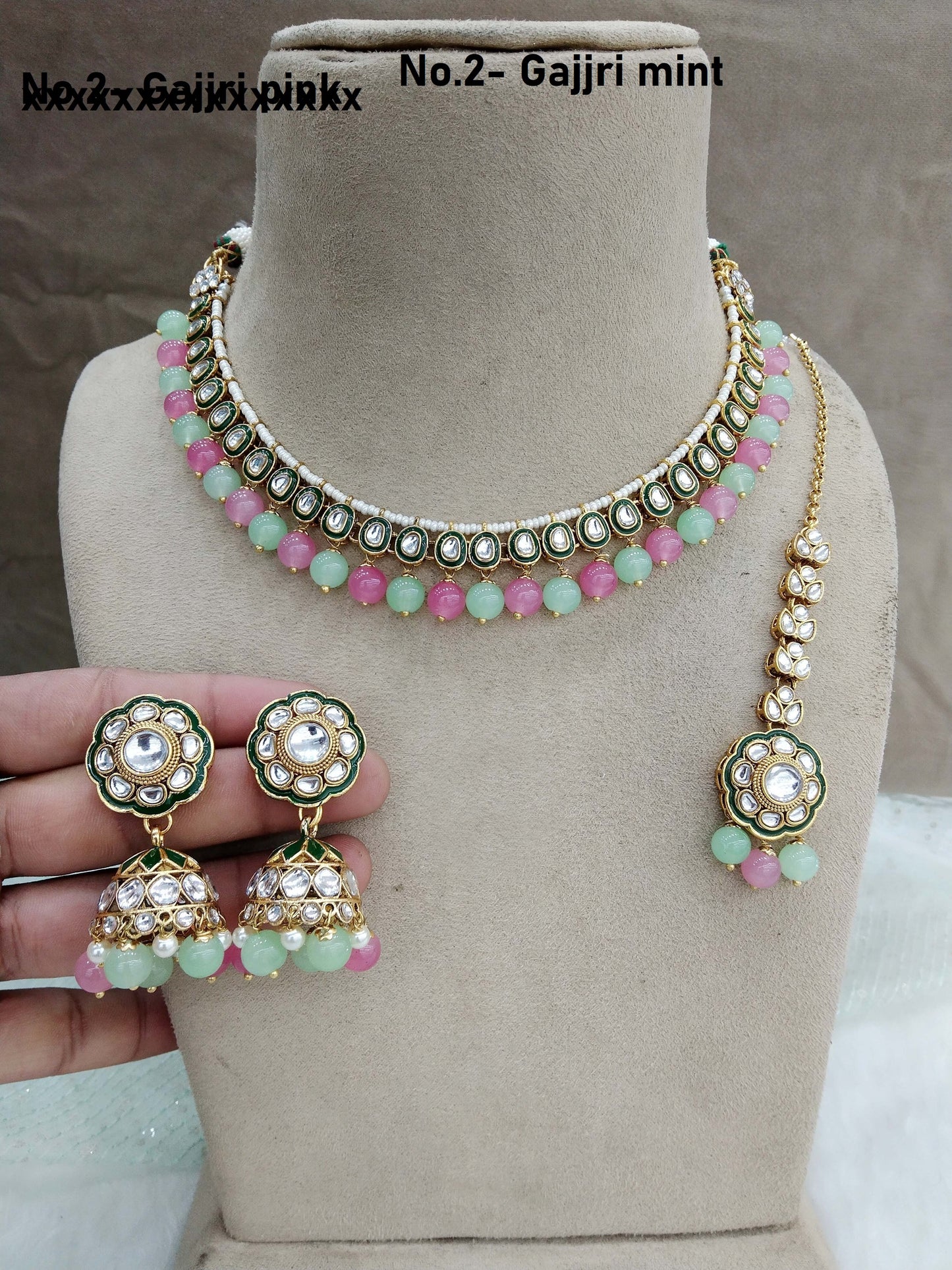 Indian  jewellery gold gajjri mint kundan necklace Set/ kundan  holi Set