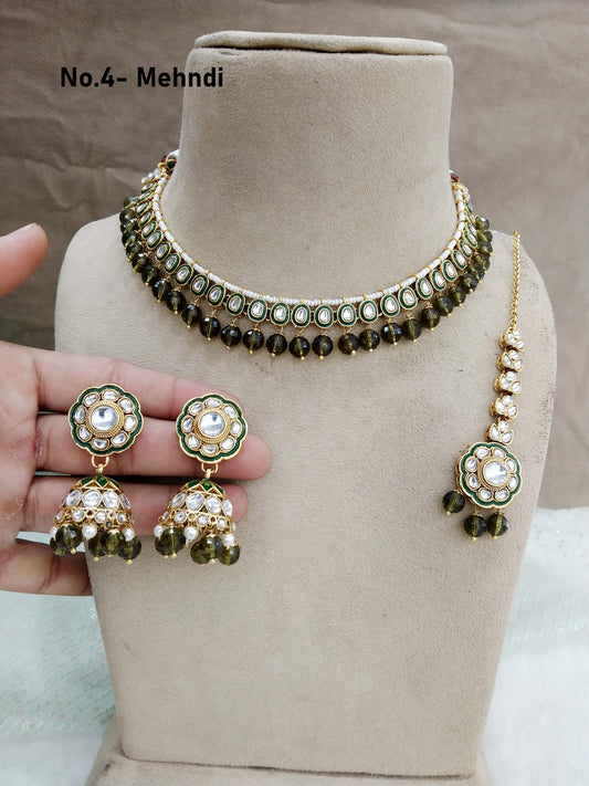 Indian  jewellery gold mehndi kundan necklace Set/ kundan  holi Set