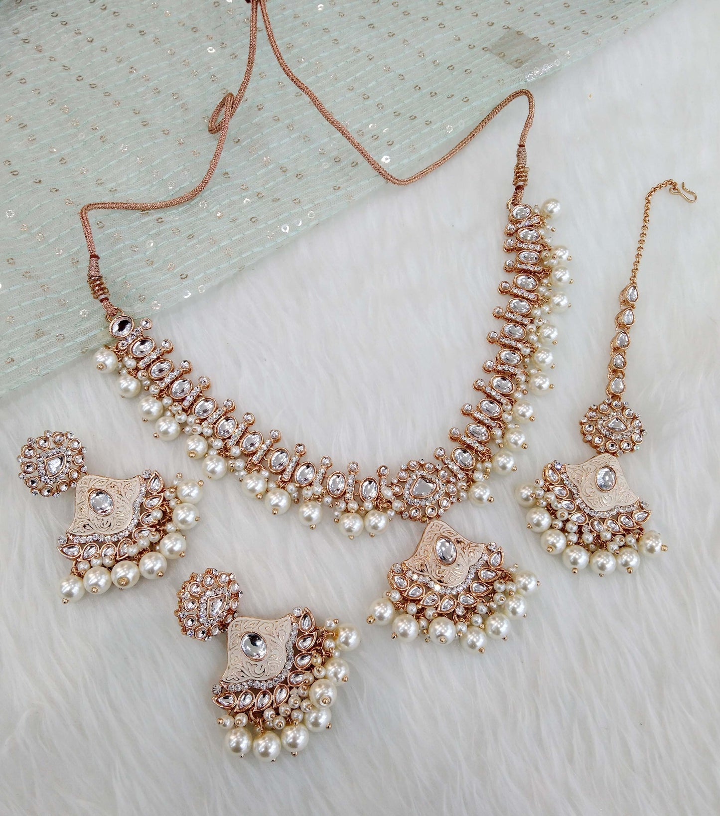 Rose gold white choker kundan necklace Set/ rose gold Indian hipi Jewellery