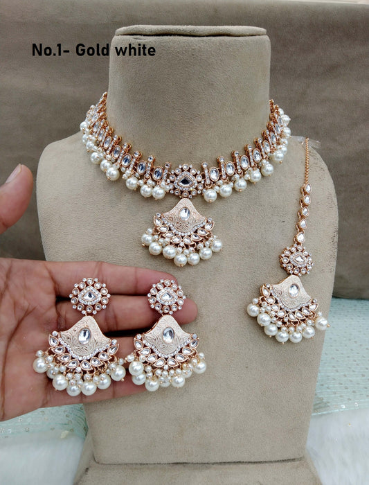 Rose gold white choker kundan necklace Set/ rose gold Indian hipi Jewellery