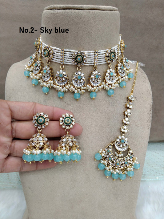 Indian  jewellery Gold sky blue kundan choker set/ kundan choker kundan hiska set