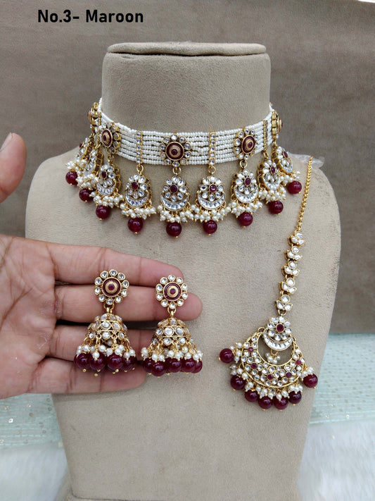 Indian Jewellery Gold Maroon Kundan Choker Set/ kundan choker kundan hiska set