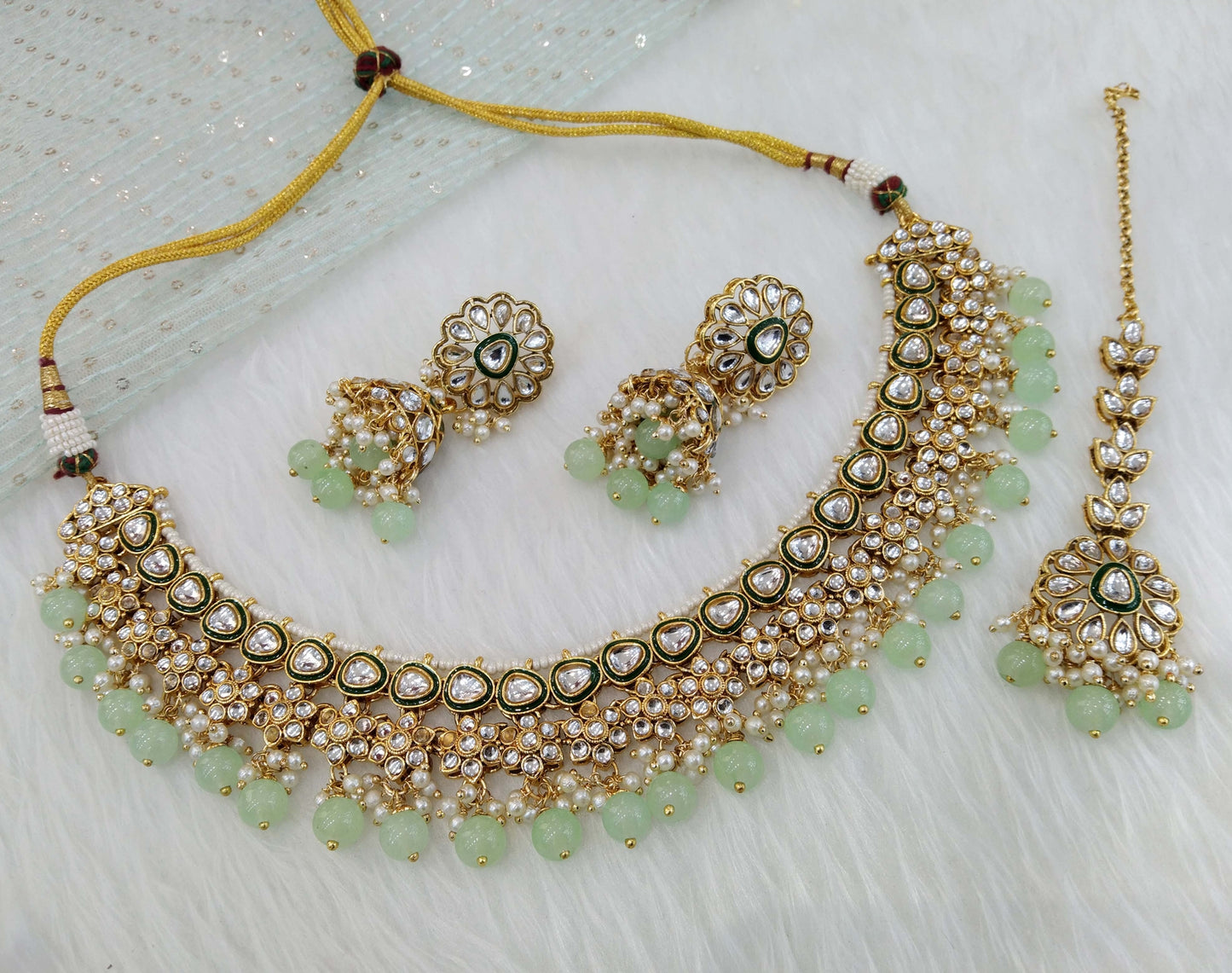 Indian jewellery/ Gold pastel green semi bridal kundan choker necklace set Indian hichi Wedding Jewellery