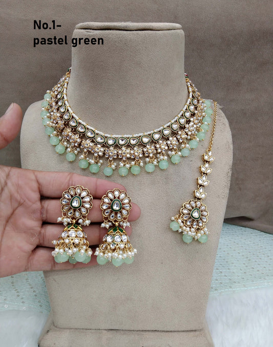 Indian jewellery/ Gold pastel green semi bridal kundan choker necklace set Indian hichi Wedding Jewellery