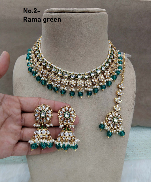 Indian jewellery/ Gold rama green semi bridal kundan choker necklace set Indian hichi Wedding Jewellery