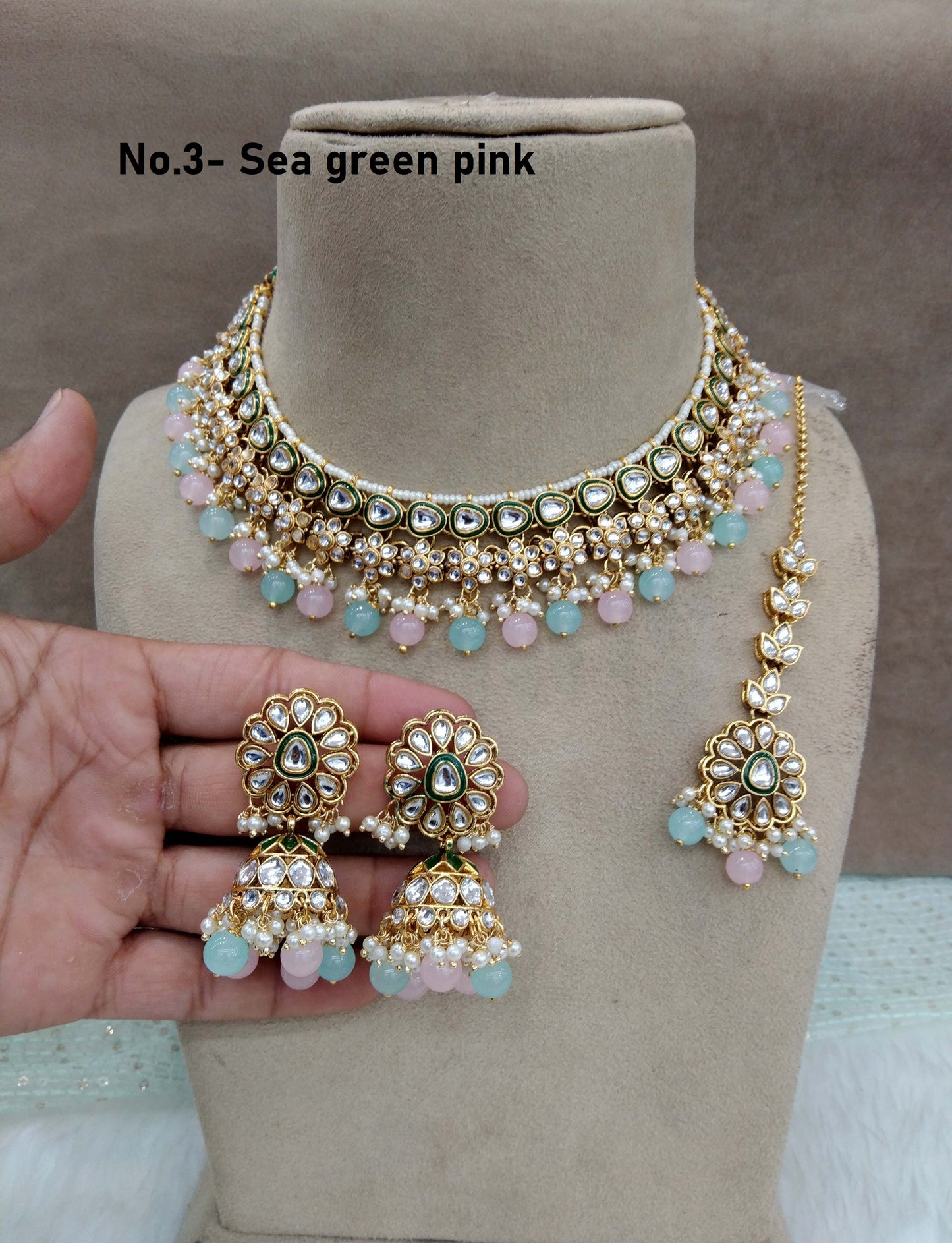 Indian jewellery/ Gold sea green semi bridal kundan choker necklace set Indian hichi Wedding Jewellery