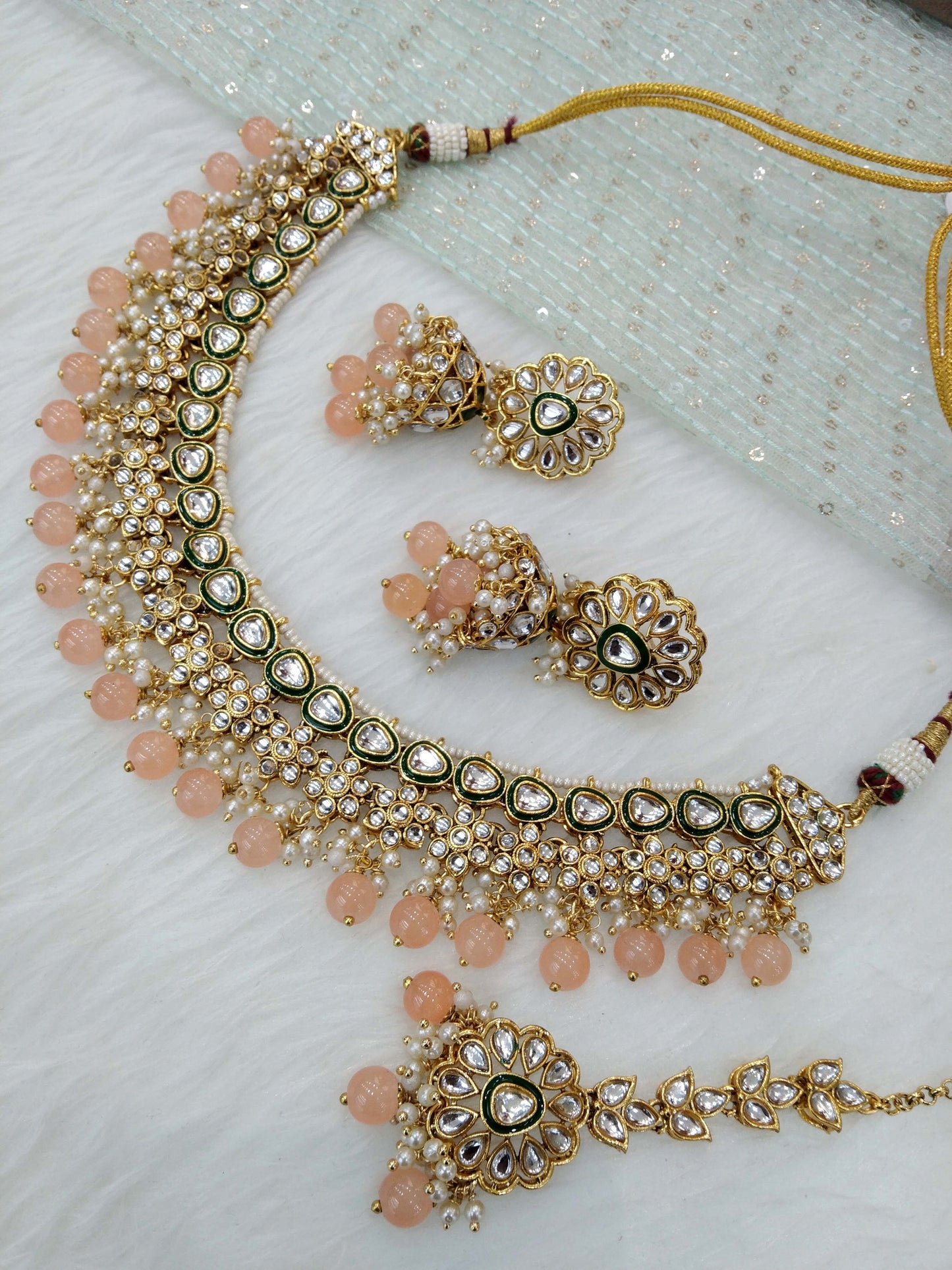 Indian jewellery/ Gold peach semi bridal kundan choker necklace set Indian hichi Wedding Jewellery