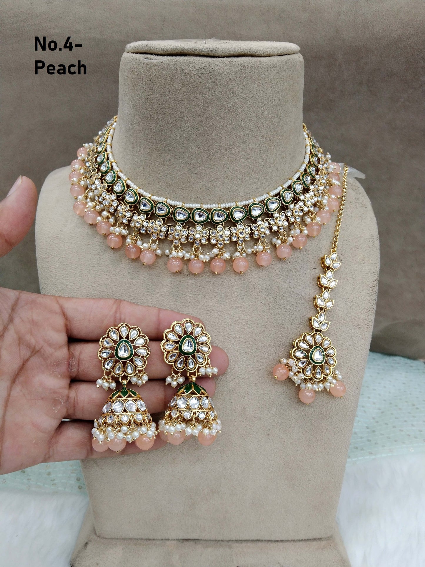 Indian jewellery/ Gold peach semi bridal kundan choker necklace set Indian hichi Wedding Jewellery