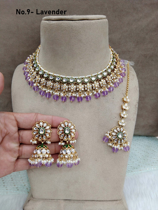 Indian jewellery/ Gold lavender semi bridal kundan choker necklace set Indian hichi Wedding Jewellery