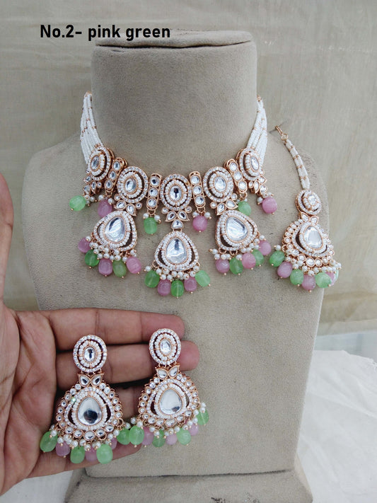 Rose gold choker kundan necklace Set/ rose pink green Indian choker hudi Jewellry