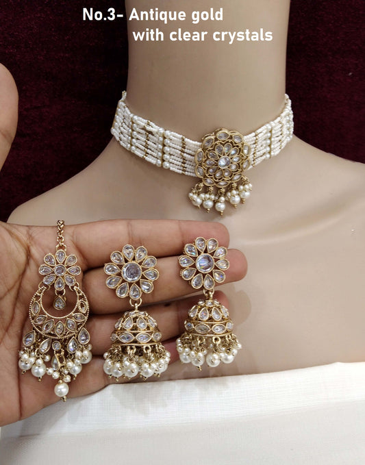 Antique gold choker Set/ Antique gold clear crystals choker Indian simi Jewellry