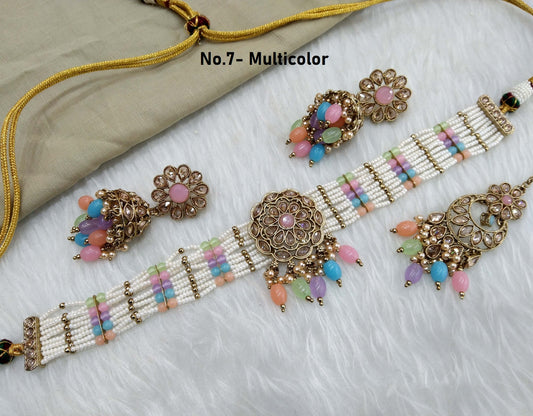 Antique gold choker Set/ multicolor choker Indian simi Jewellry