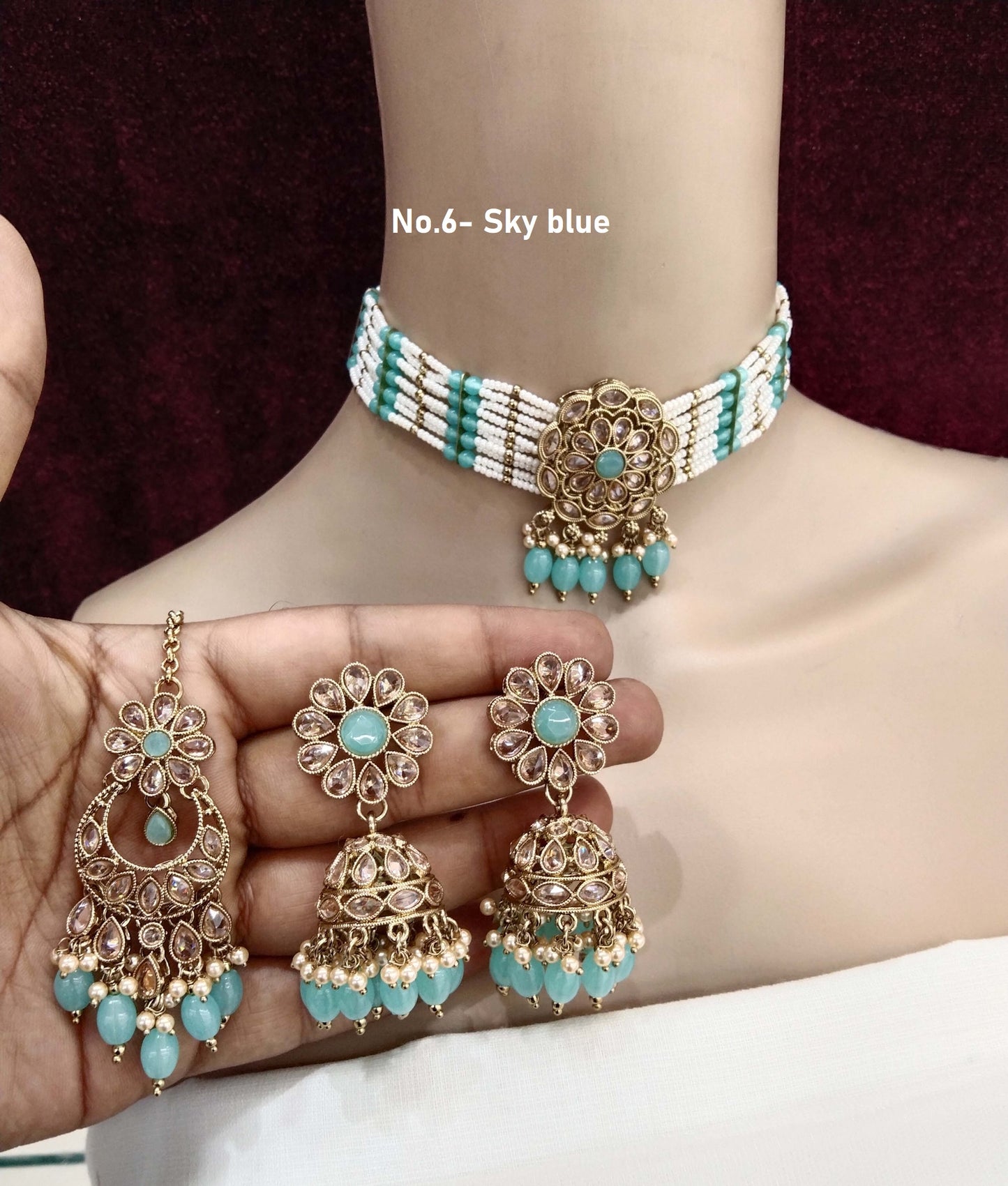 Antique gold choker Set/ sky blue choker Indian simi Jewellry