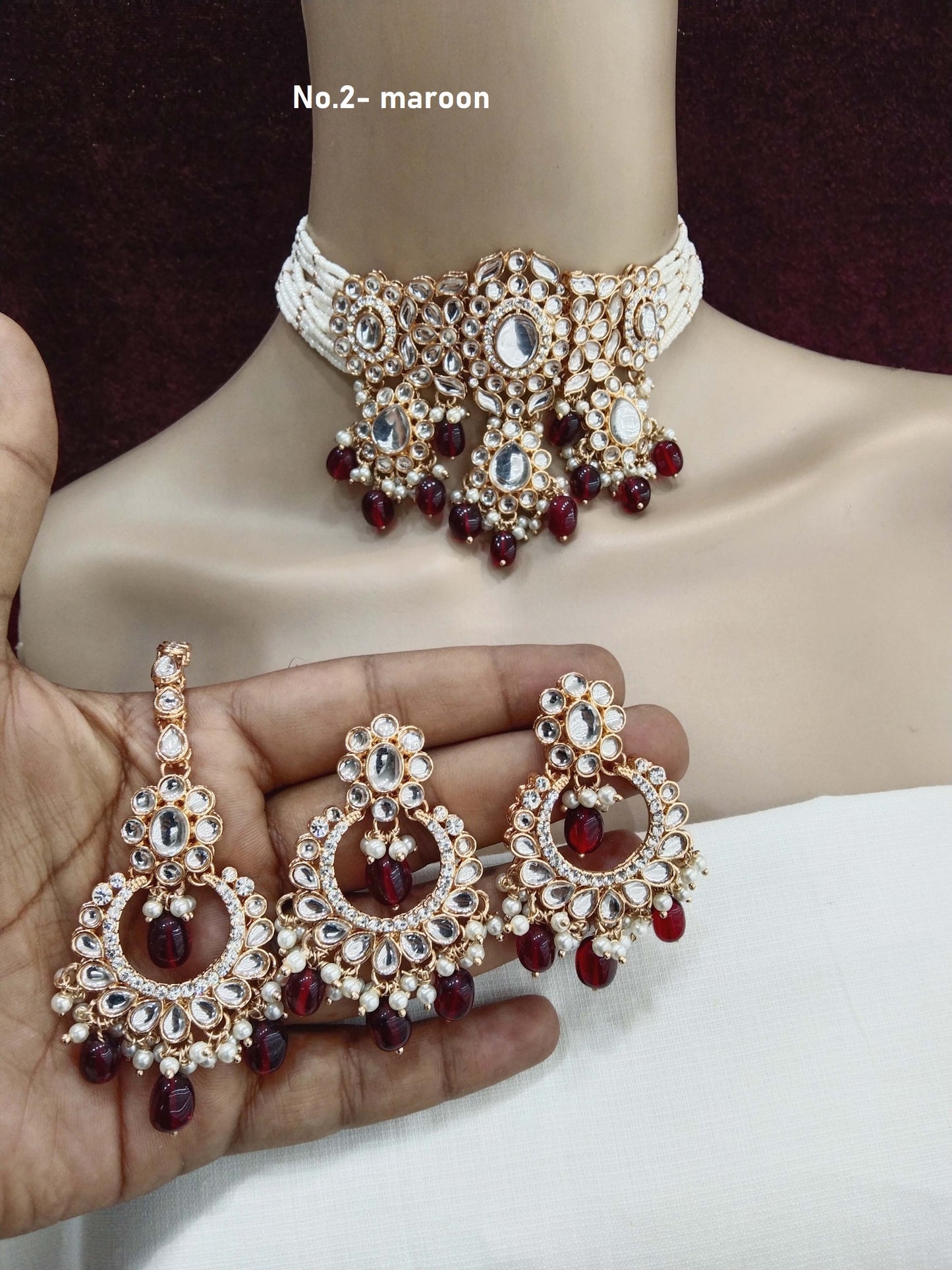 Rose gold choker kundan necklace Set/ rose maroon Indian choker huchi Jewellery