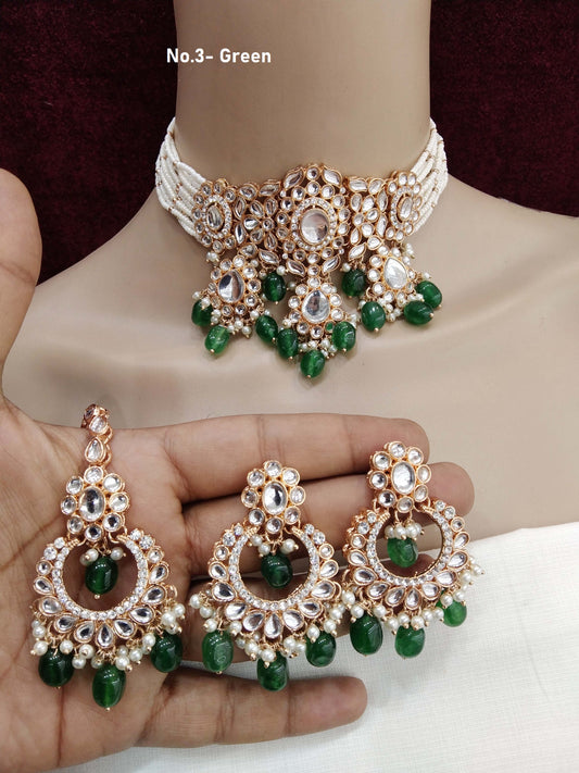 Rose gold choker kundan necklace Set/ rose green Indian choker huchi Jewellery