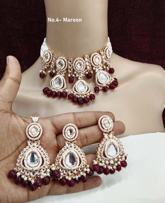 Rose gold choker kundan necklace Set/ rose maroon Indian choker hudi Jewellery