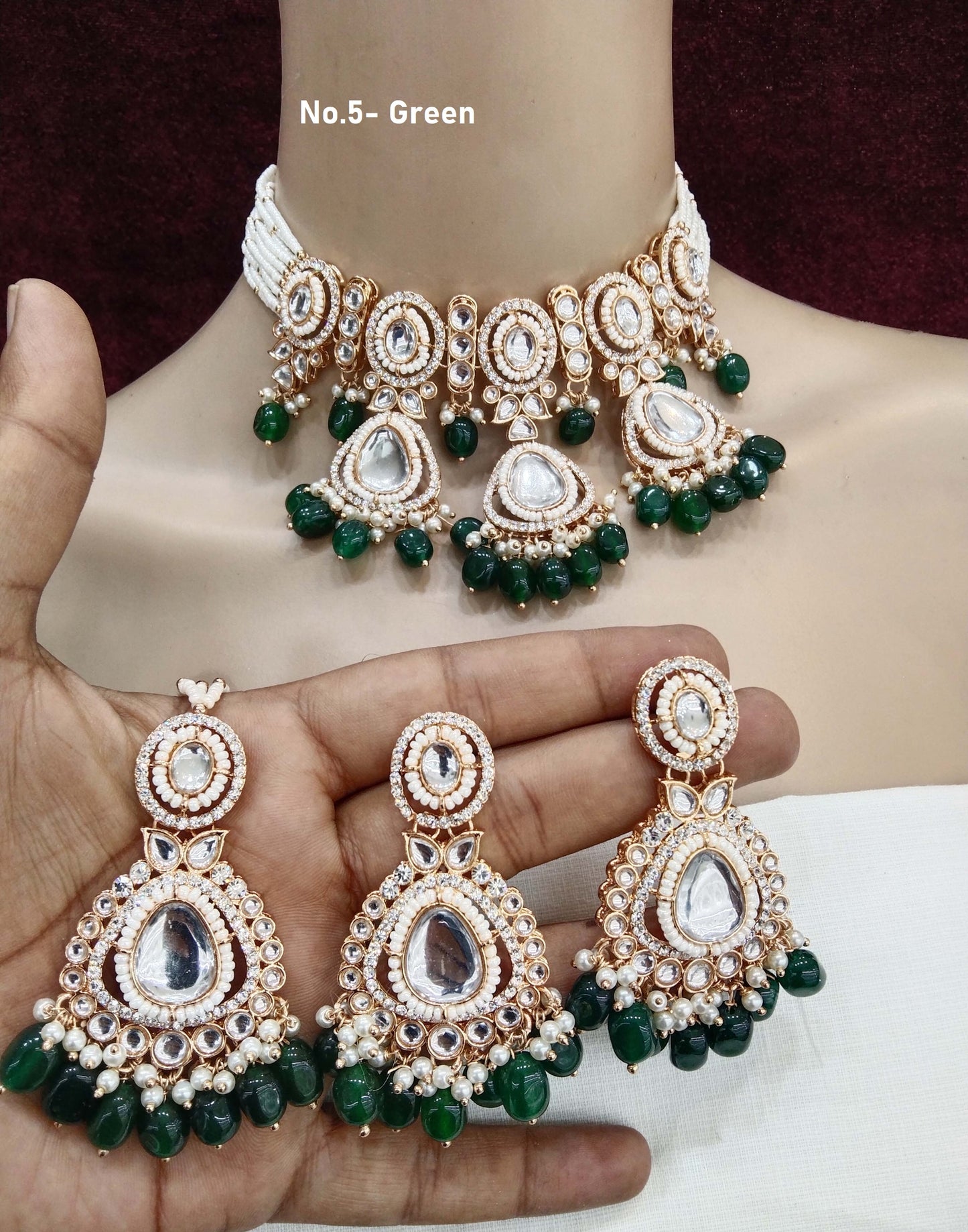 Rose gold choker kundan necklace Set/ rose green Indian choker hudi Jewellry