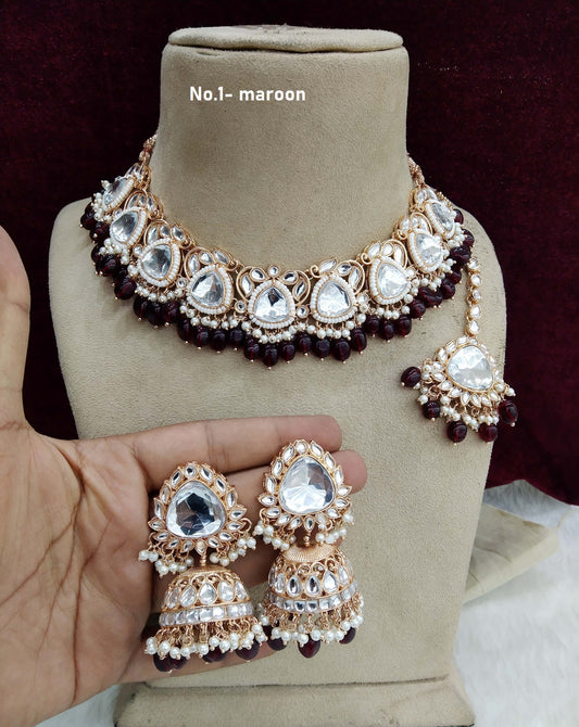 Rose gold kundan necklace Set/ Rose gold maroon Indian kundan hari sets