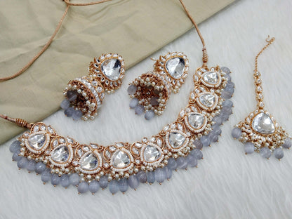 Rose gold kundan necklace Set/ Rose gold grey Indian kundan hari sets