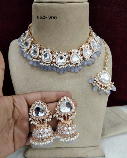 Rose gold kundan necklace Set/ Rose gold grey Indian kundan hari sets