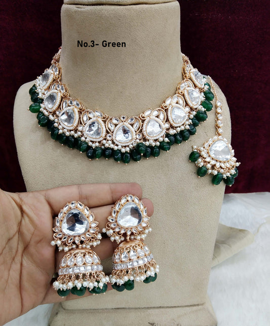 Rose gold kundan necklace Set/ Rose gold green Indian kundan hari sets