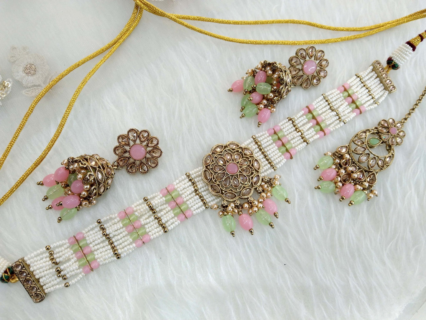 Antique gold choker Set/ mint pink choker Indian simi Jewellry