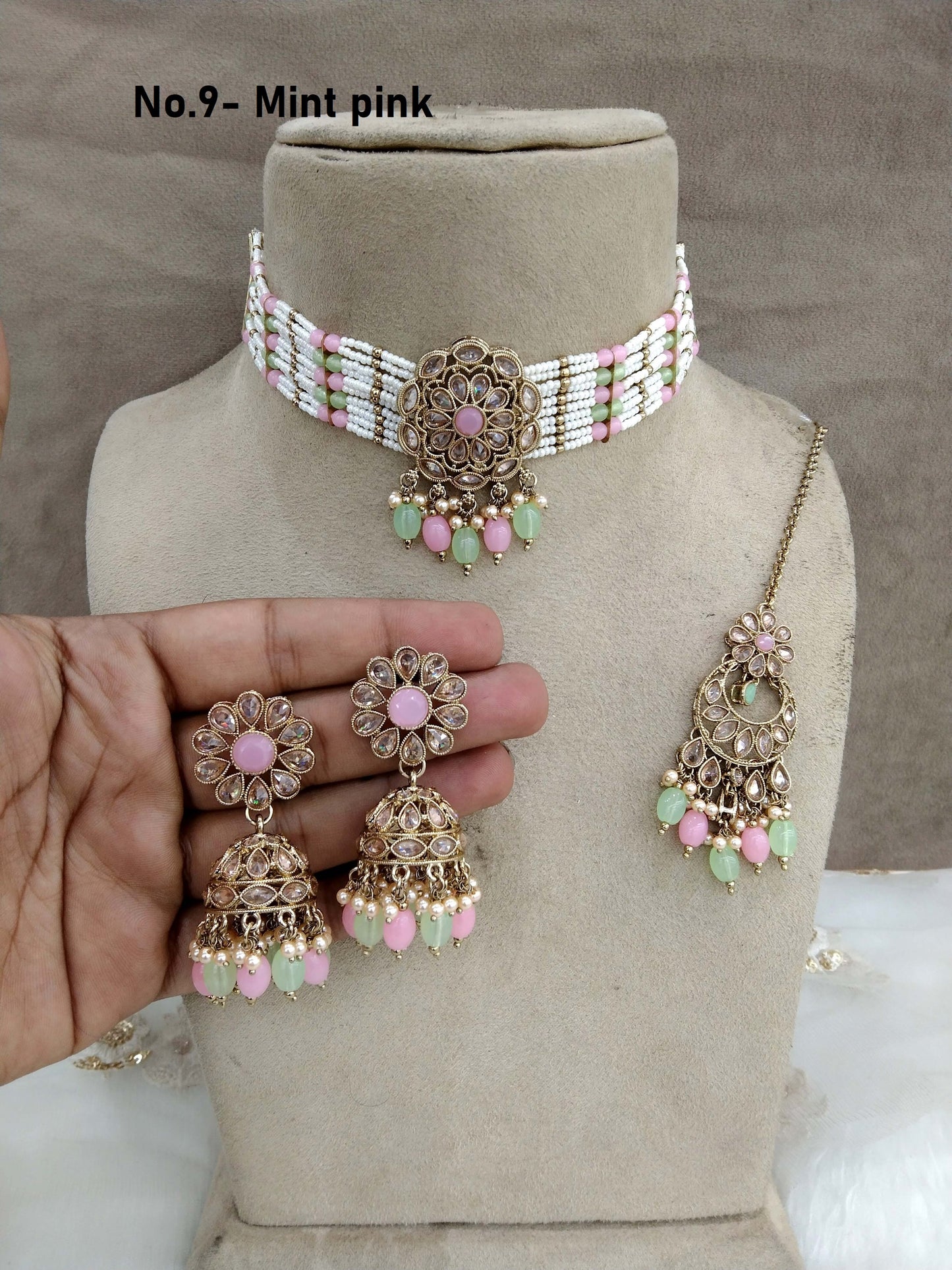 Antique gold choker Set/ mint pink choker Indian simi Jewellry