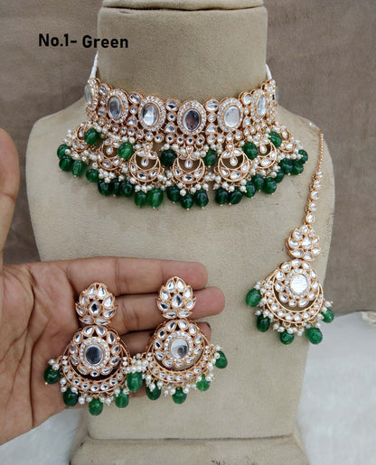 Rose gold choker kundan necklace Set/ Rose green Indian choker hema Jewellery