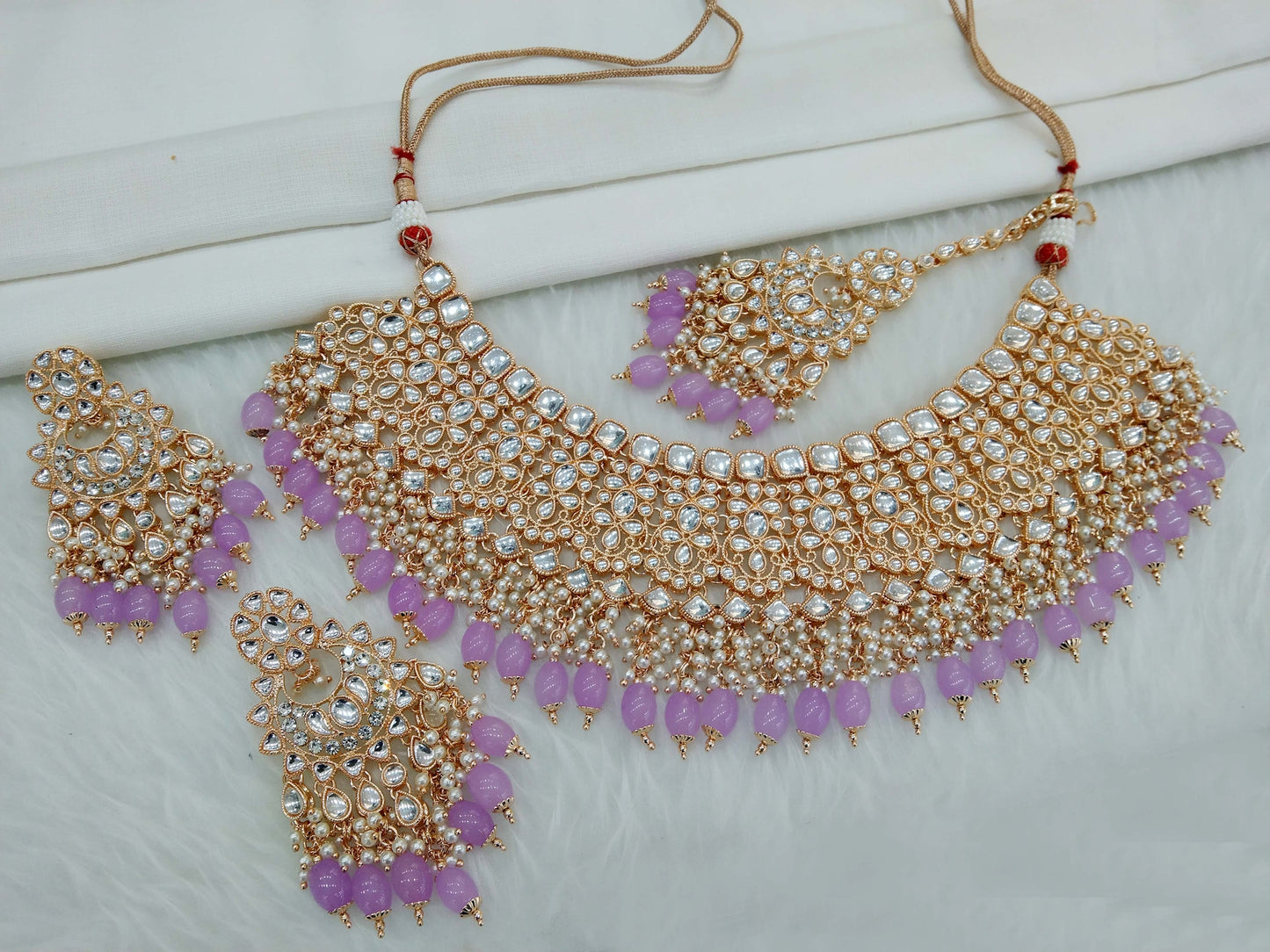 Rose gold kundan necklace Set/ Rose gold lavender Indian kundan raha sets
