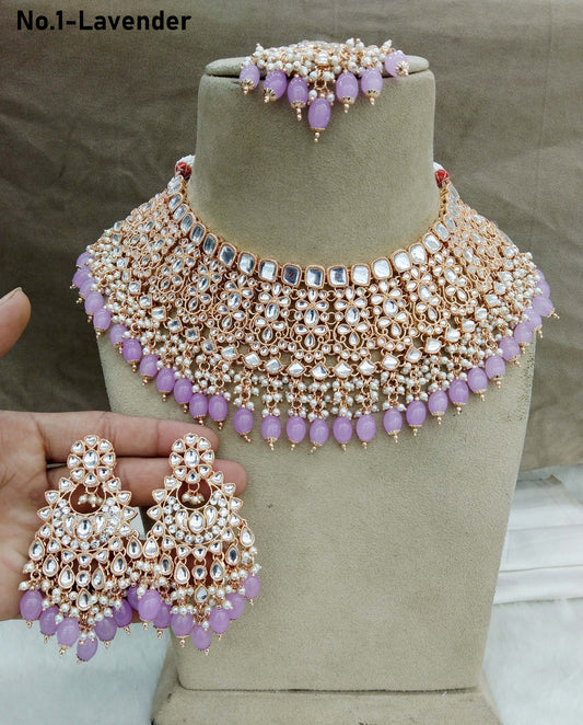 Rose gold kundan necklace Set/ Rose gold lavender Indian kundan raha sets