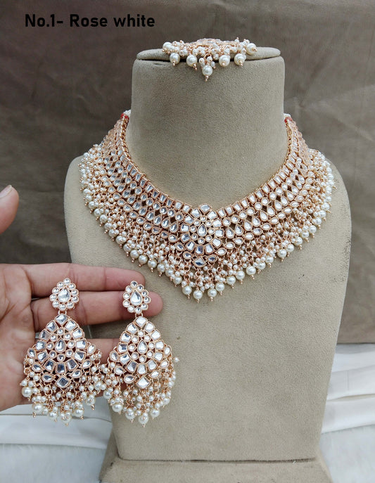 Rose gold kundan necklace Set/ Rose gold white Indian kundan raha sets