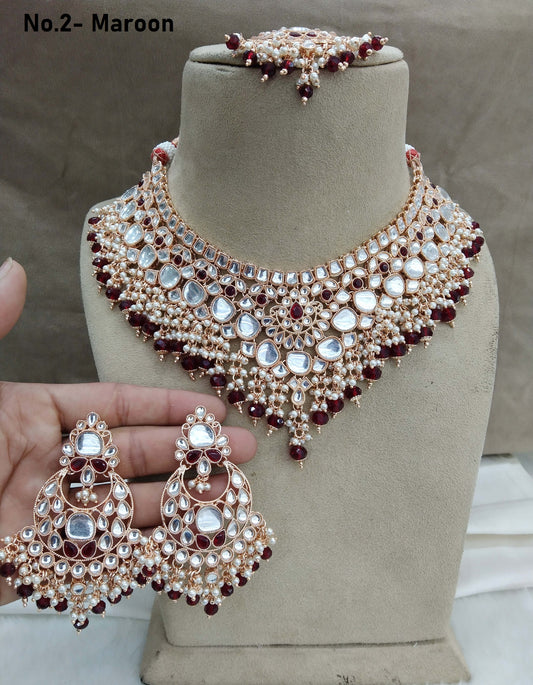 Rose gold kundan necklace Set/ Rose gold maroon white Indian kundan raha sets