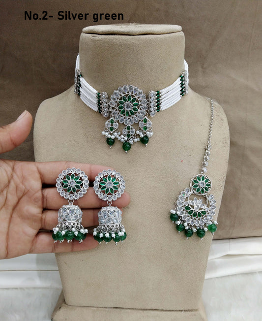 Silver green Jewellery Choker Set /Silver finish green Jewellery zelly choker set