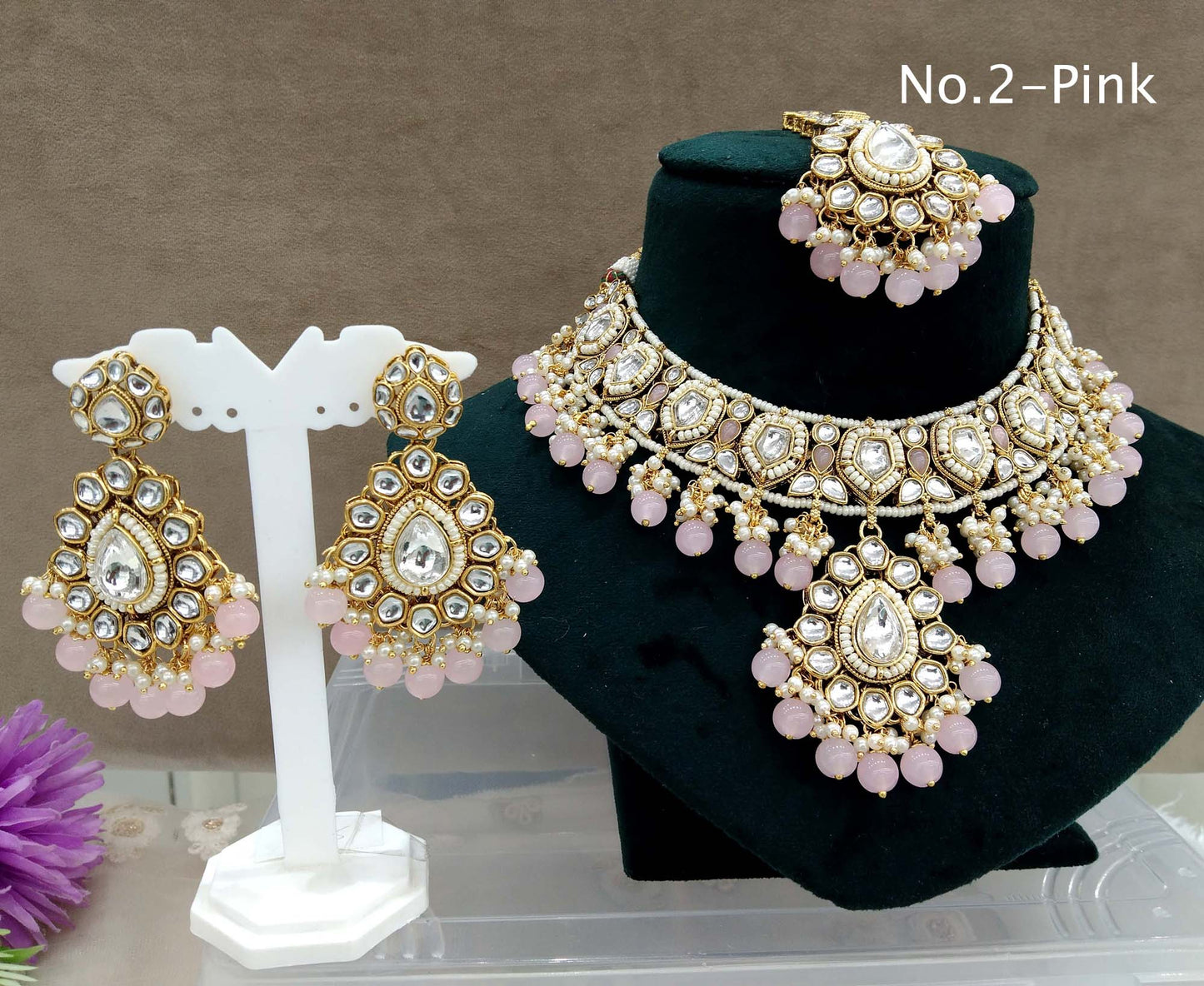 Kundan Necklace Jewellery Set/ Gold pink kundan Indian jewellery kundan middle sets