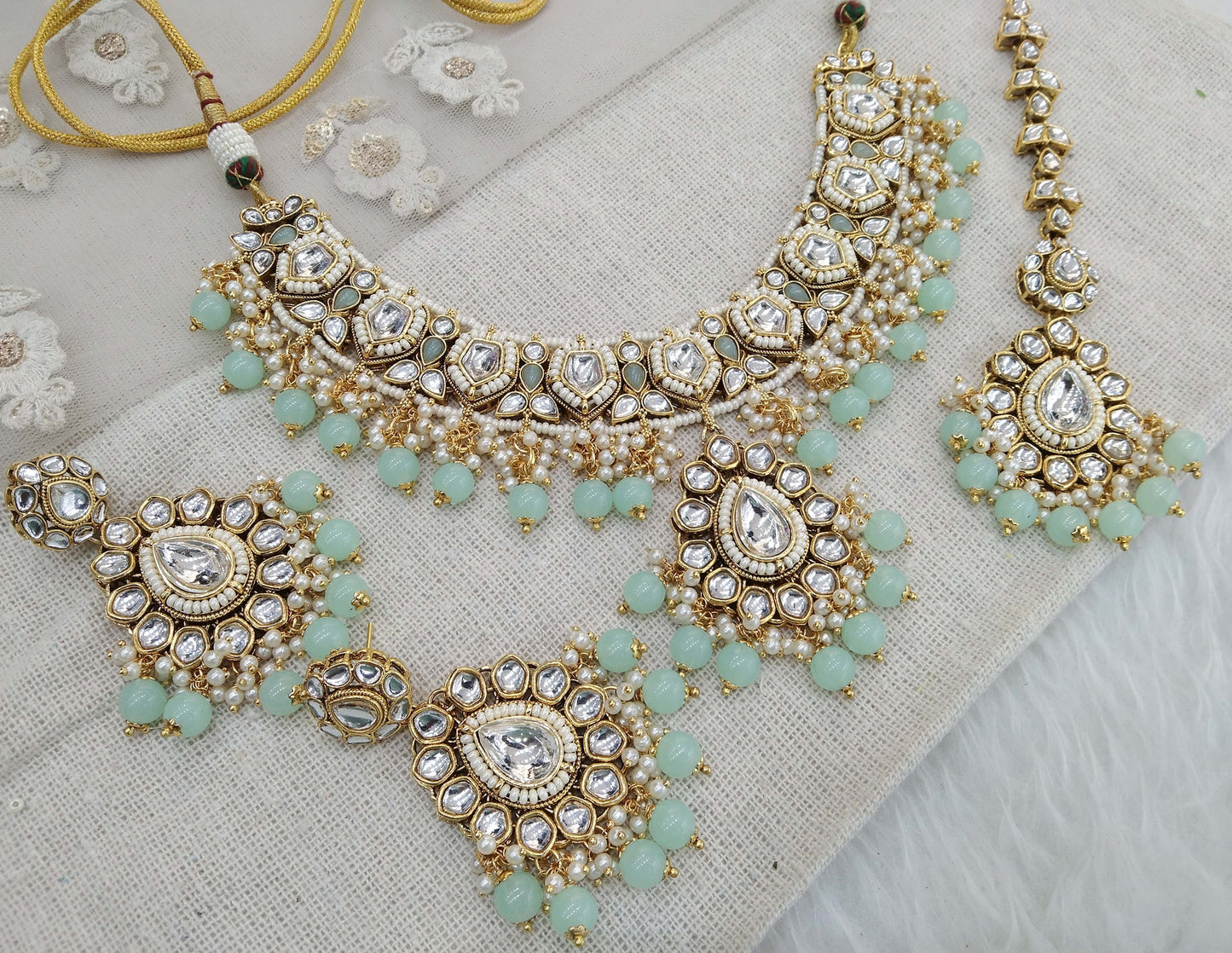 Gold Kundan Necklace Jewellery Set/ Gold seagreen kundan Indian jewellery kundan middle sets