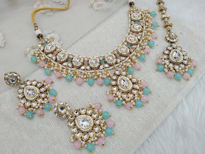 Gold Kundan necklace Set/ Gold mint pink kundan Indian jewelry kundan middle sets