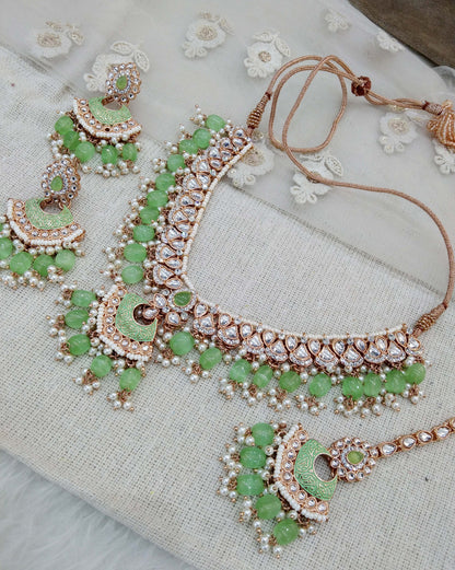 Indian  Jewellery Rose gold Kundan pastel green necklace most set