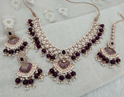 Indian Jewellery Rose gold Kundan purple necklace most set