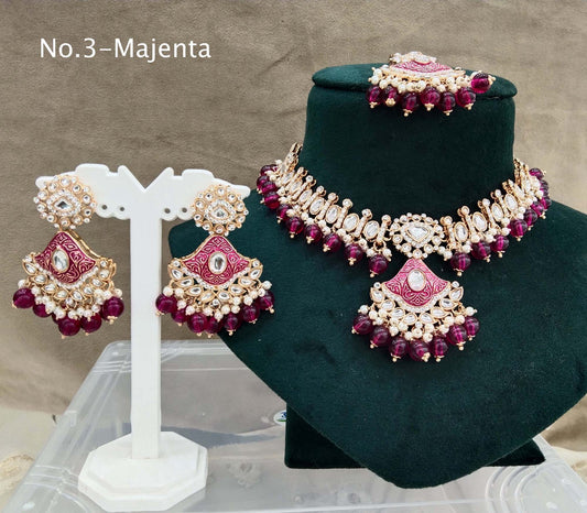 Indian  Jewellery Rose gold Kundan majenta necklace most set